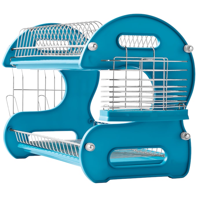 Space-Saving 2-Tier Dish Drying Rack with Utensil Holder, Island Blue, large