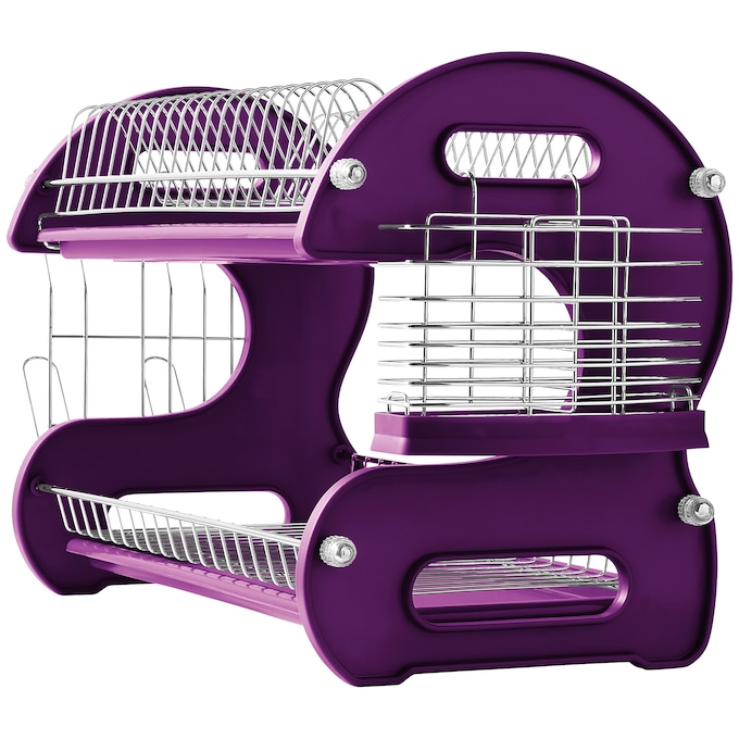 Space-Saving 2-Tier Dish Drying Rack with Utensil Holder, Purple Punch, large