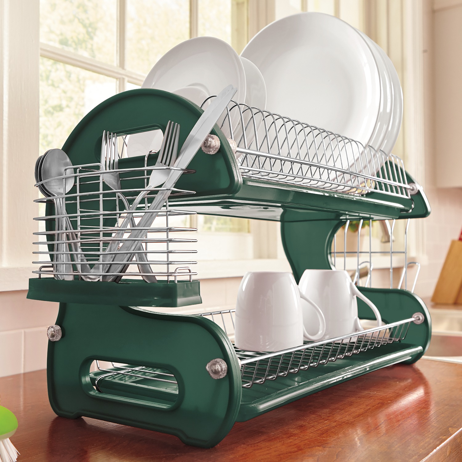 Space-Saving 2-Tier Dish Drying Rack with Utensil Holder Tender
