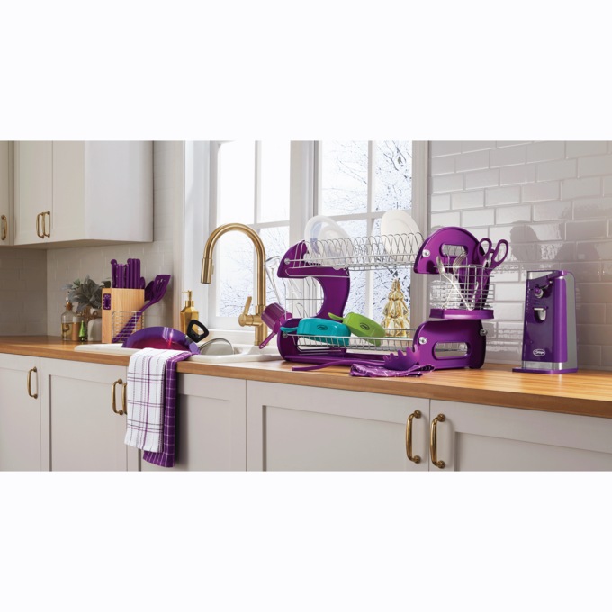 Space-Saving 2-Tier Dish Drying Rack with Utensil Holder, Purple Punch, large