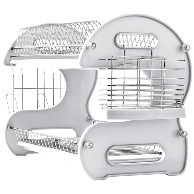 Space-Saving 2-Tier Dish Drying Rack with Utensil Holder, White, large